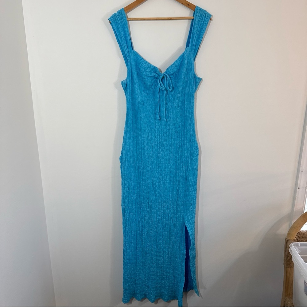 Free People FP Beach Eleni Bodycon Maxi Dress Size Large Aqua Blue *flaw* - Picture 3 of 14